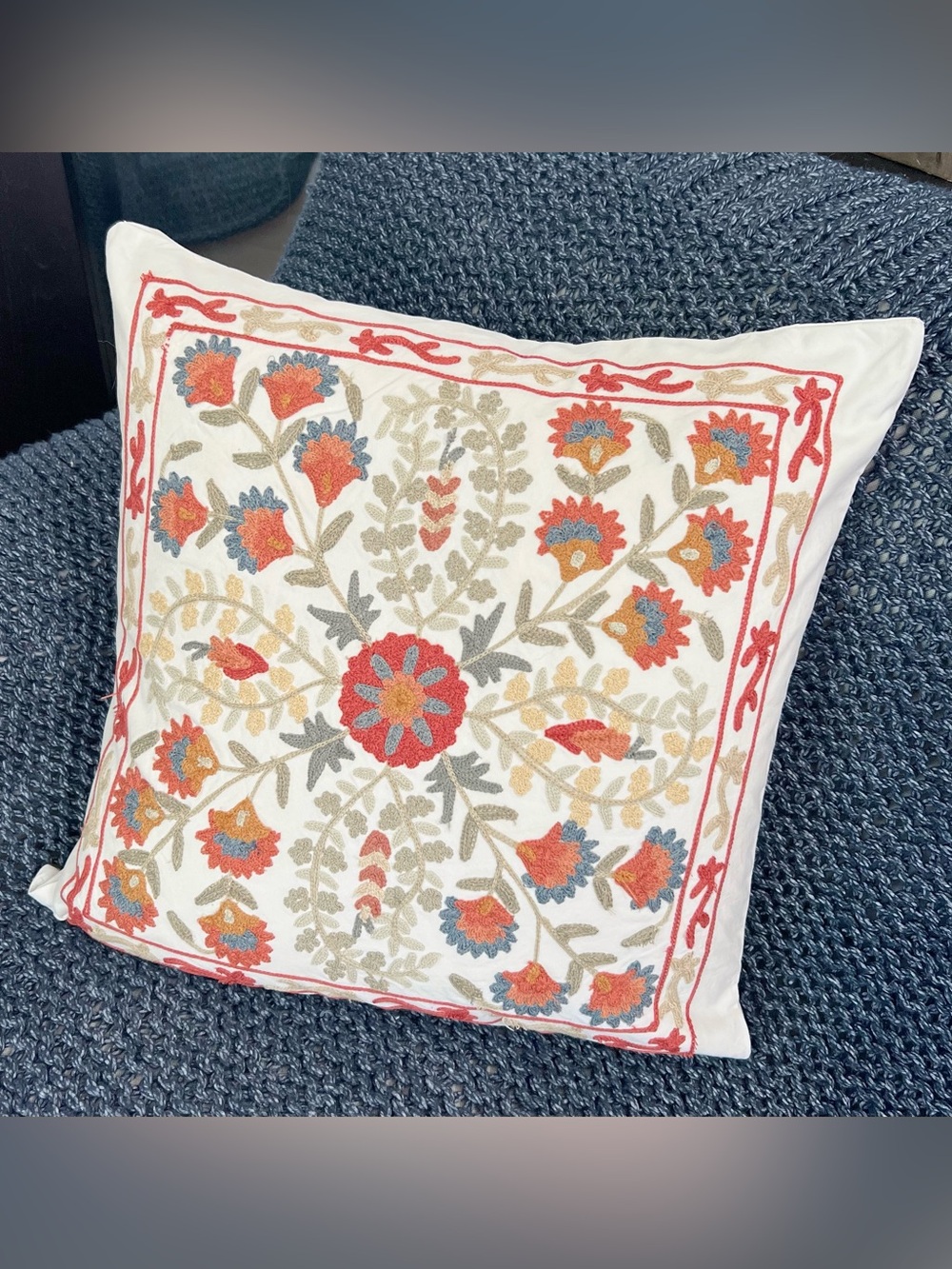 1 Pottery Barn Floral 20" CREWEL Embroidered THROW Pillow COVER Boho Blue Coral